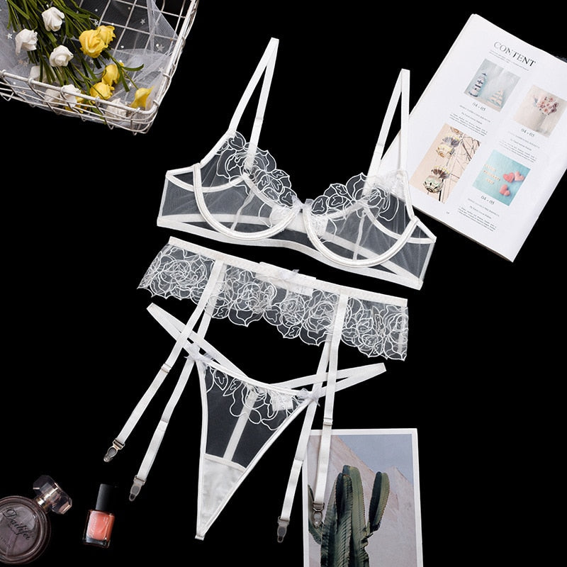 3-piece lingerie set with a rose pattern