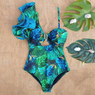 One-piece swimsuit with decorative shoulder