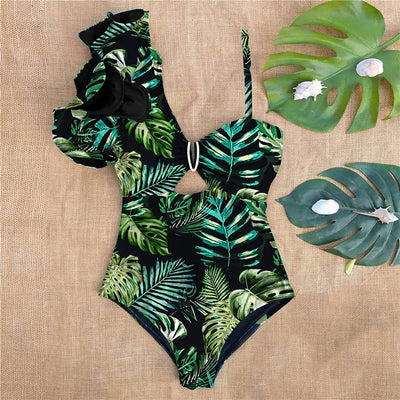One-piece swimsuit with decorative shoulder