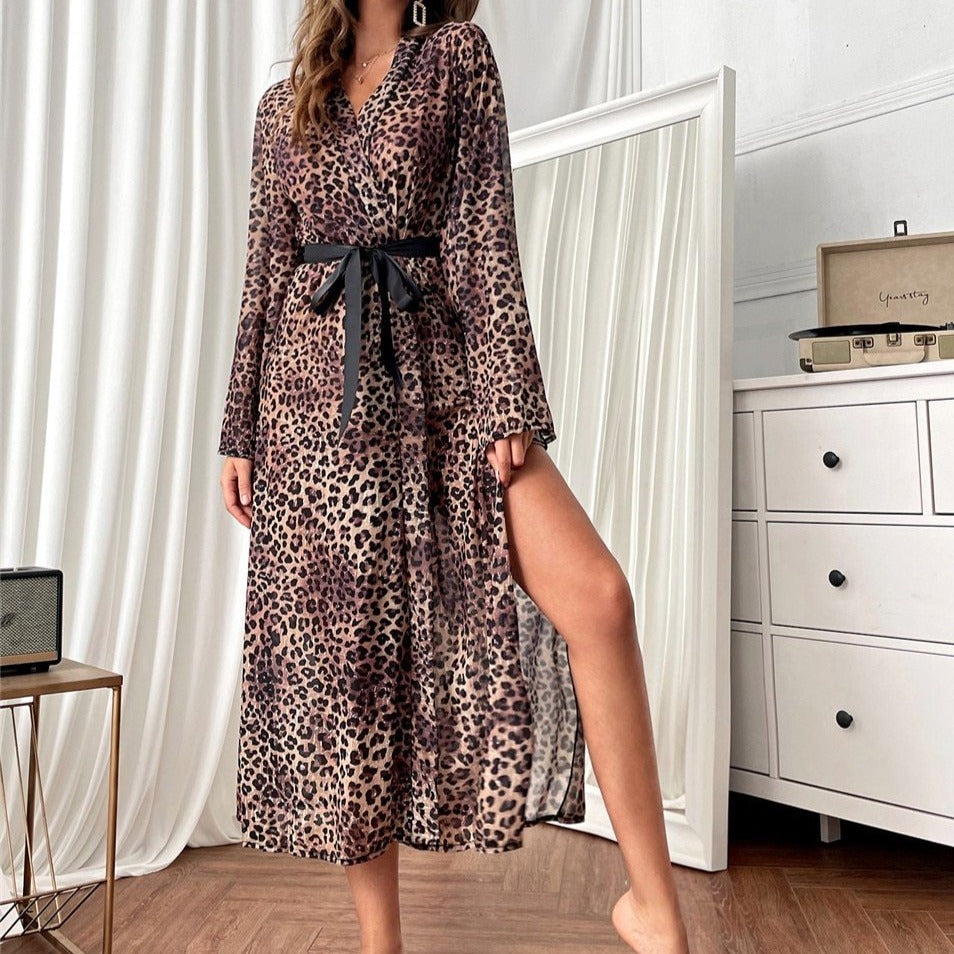 Long Leopard Print Tie-Belt Side-Slit Lightweight Robe