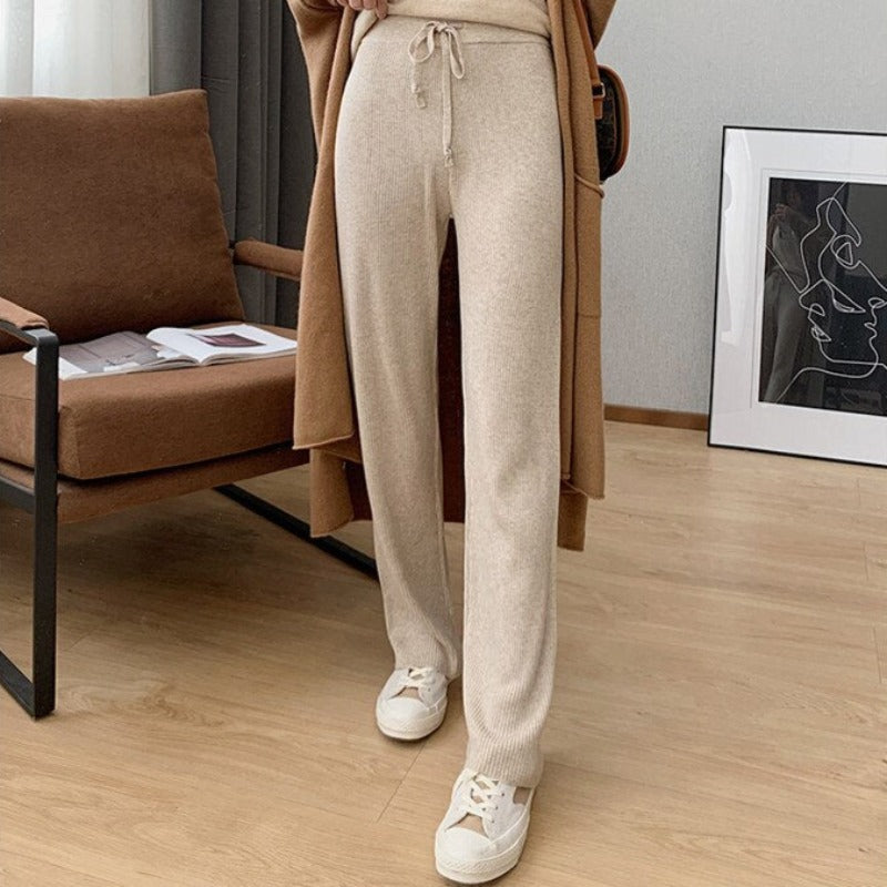Ribbed Knit Straight-Leg Tie-Waist Relaxed Pants