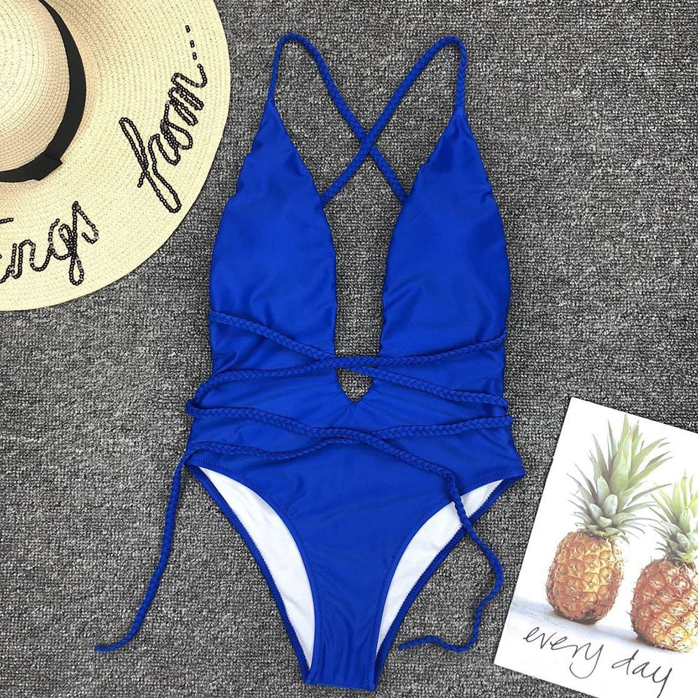 Plunge-Neck One-Piece Swimsuit Decorative Cord Detail
