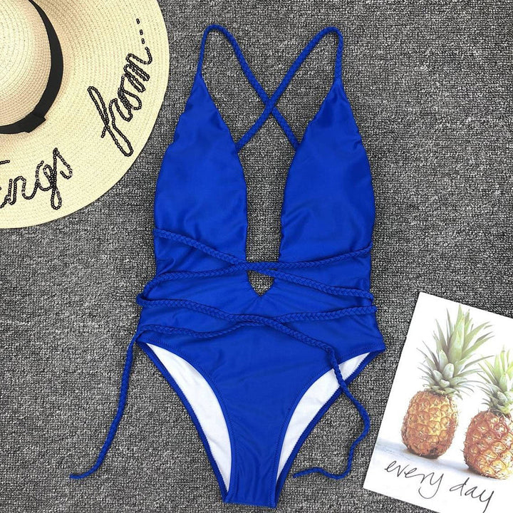 Plunge-Neck One-Piece Swimsuit Decorative Cord Detail