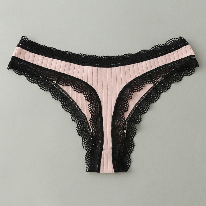 Cotton Ribbed Lace Thong Low Rise
