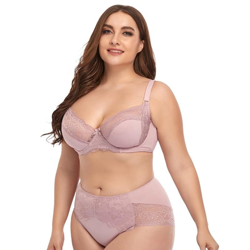 Plus Size Moulded-Cup Lace-Trim Lingerie Set