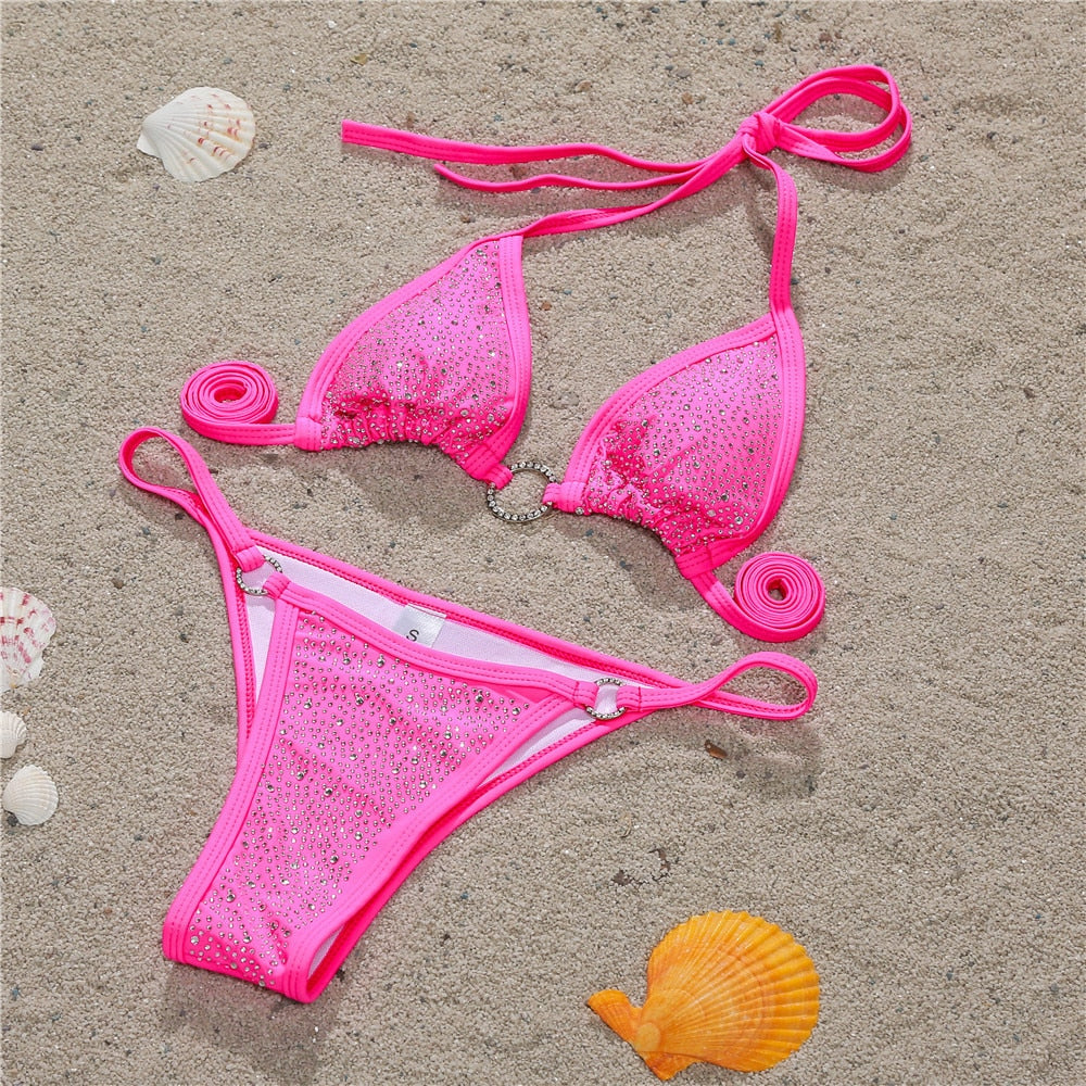 Plunge-Neck Bikini with Diamante Embellished Detail