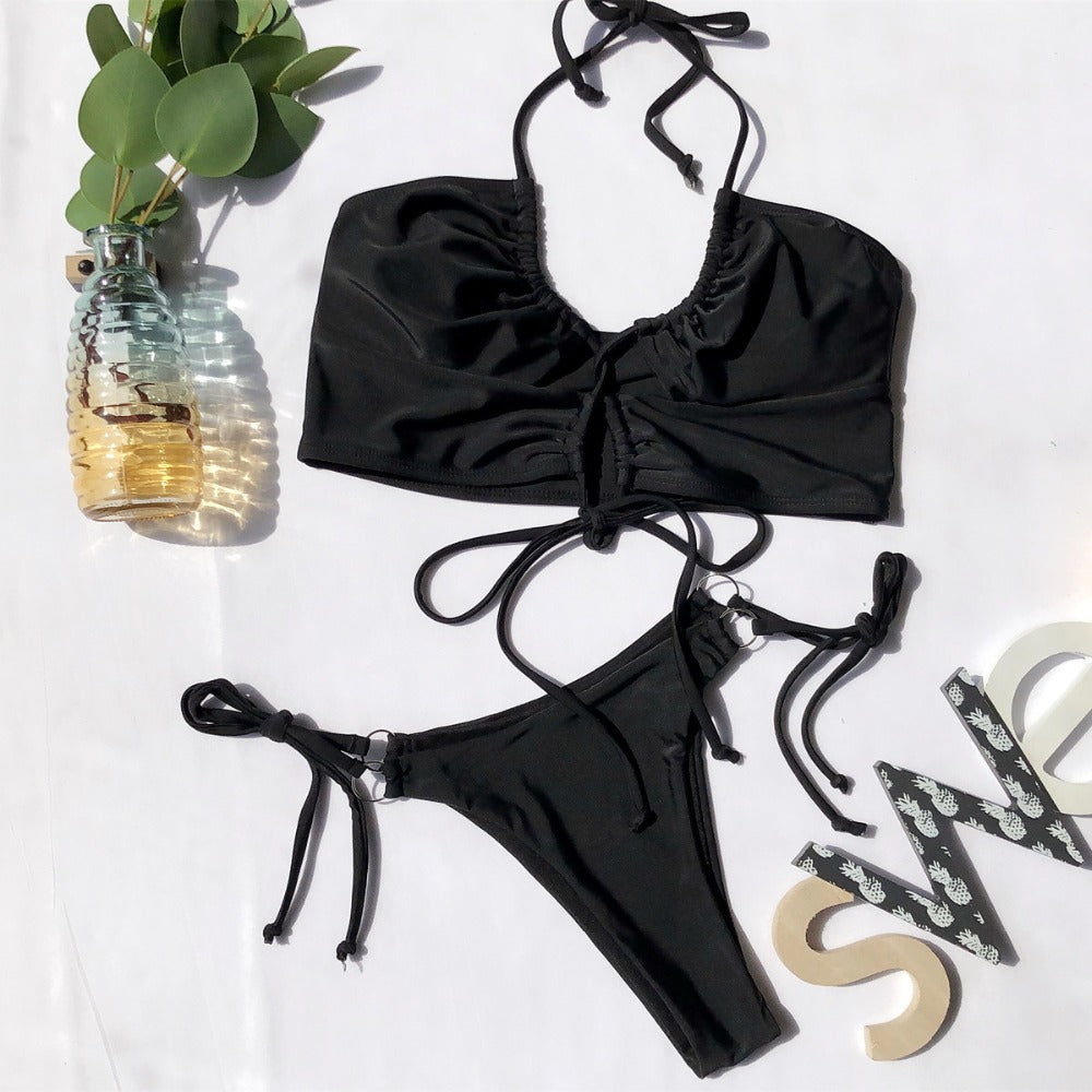 Two-Piece Swimsuit Tie Detail Push-Up Wireless Bra