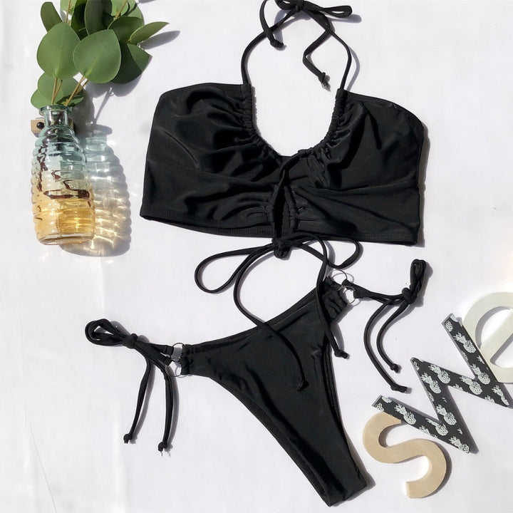 Two-Piece Swimsuit Tie Detail Push-Up Wireless Bra