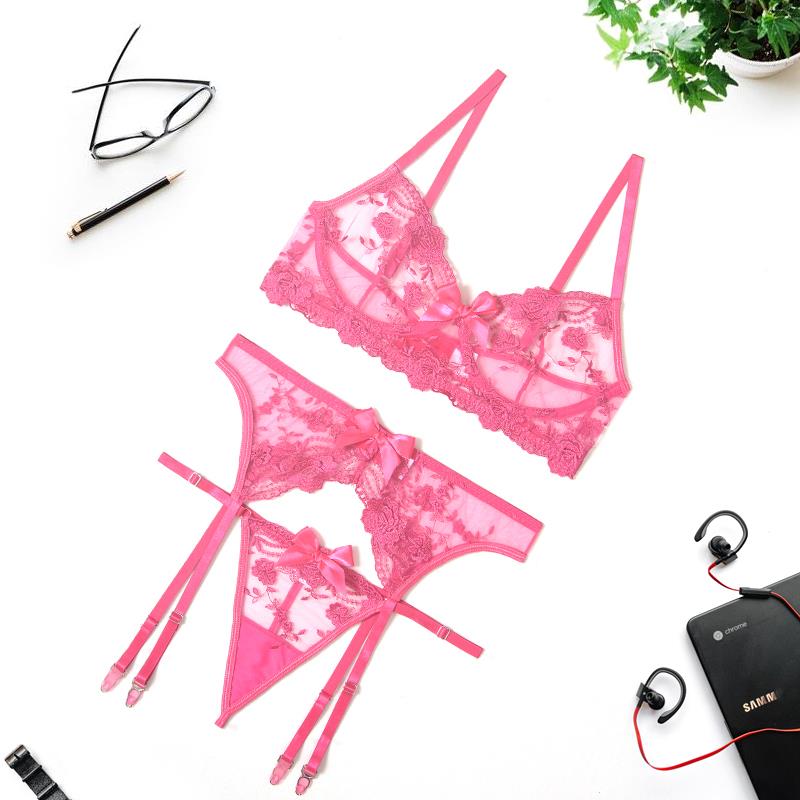 Lace Bow-Detail Bra Garter Panties Set