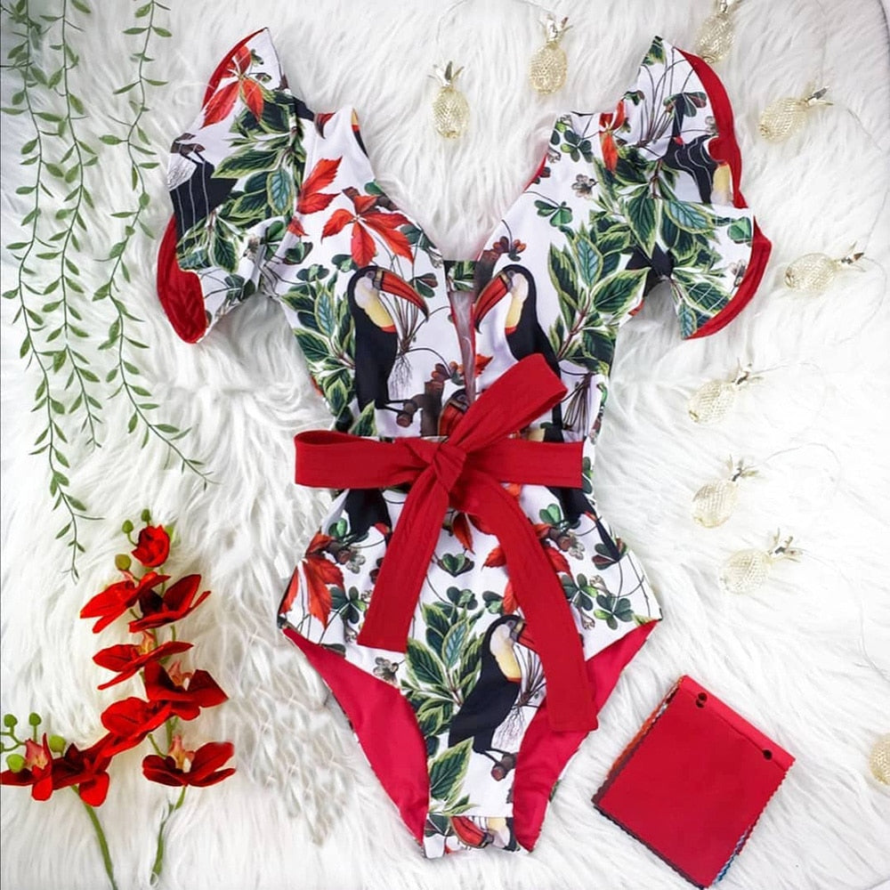 Plunge-Neck Ruffle-Strap Bow-Waist One-Piece Swimsuit
