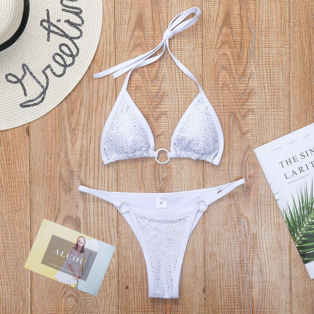 Plunge-Neck Bikini with Crystal Embellishment Back-Tie