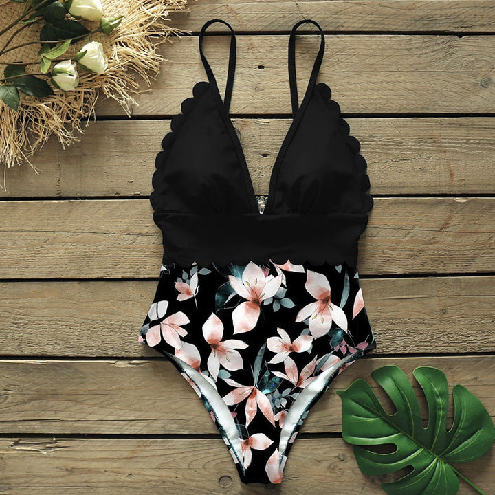 Deep-Neckline Figure-Enhancing One-Piece Swimsuit