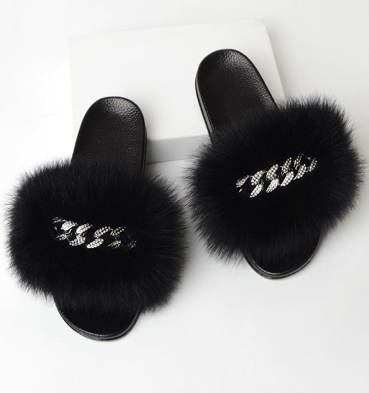 Faux Fur Slippers with Decorative Chain