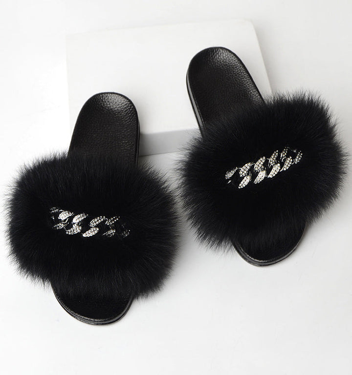 Faux Fur Slippers with Decorative Chain
