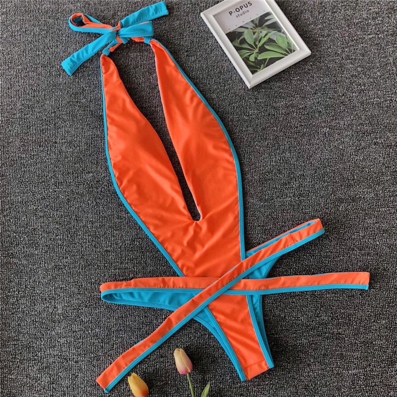 Deep-Neckline Multi-Pattern One-Piece Swimsuit