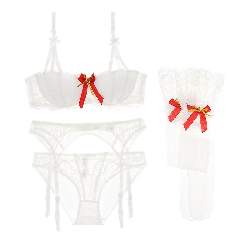 Lace Bra Panties Garter Belt and Stockings Set