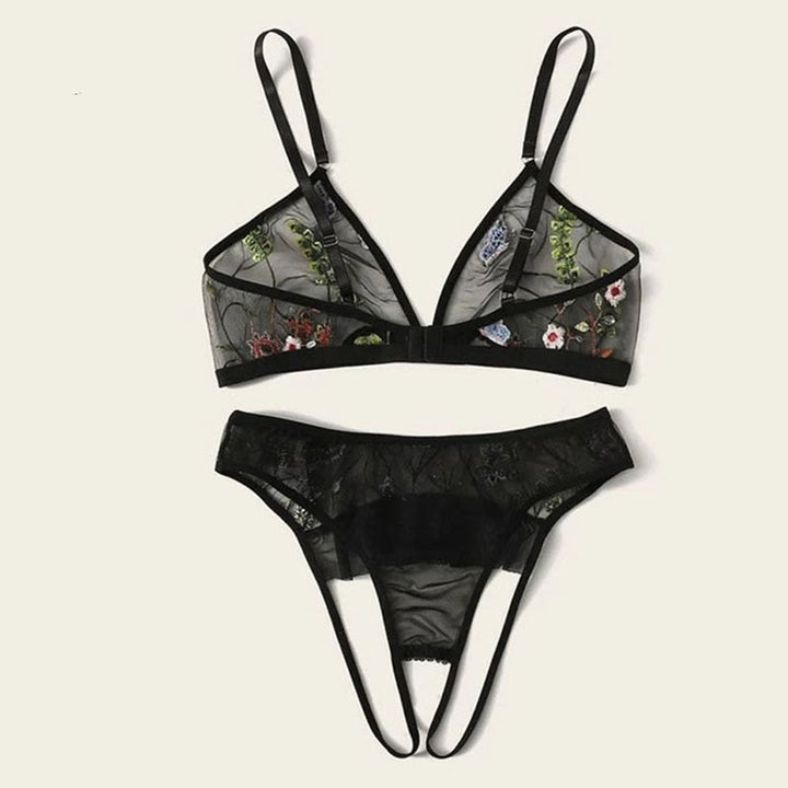 Embroidered Mesh Open-Crotch Ruffle Lingerie Set
