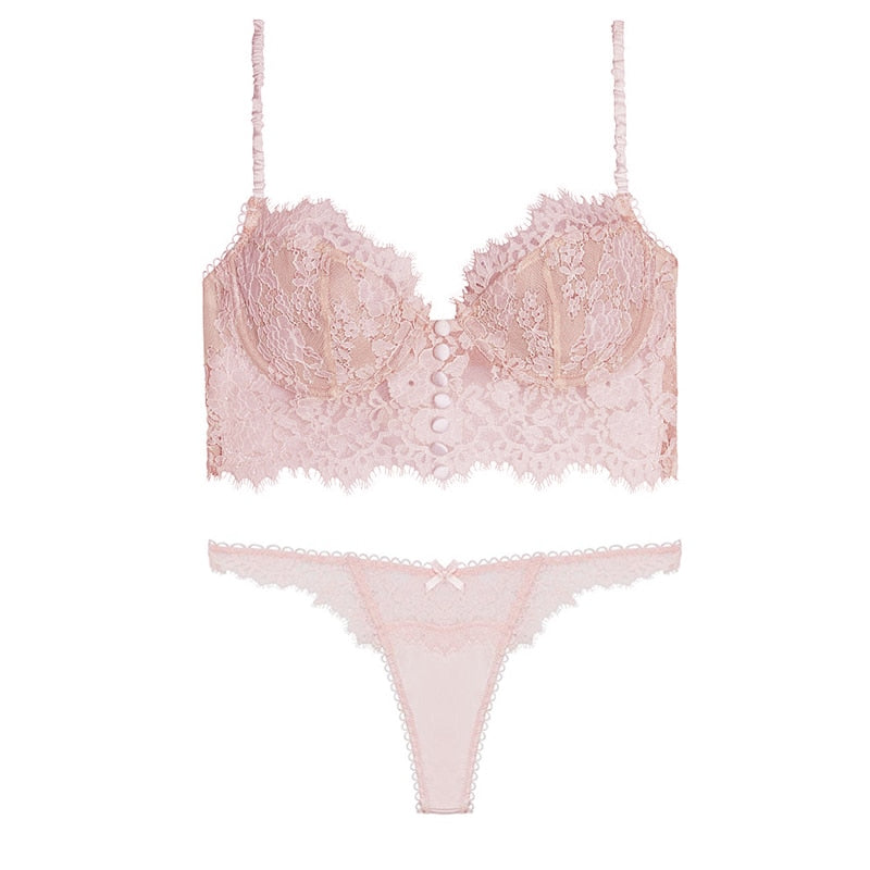 Lace Corset-Style Bra Lingerie Set Button Detail