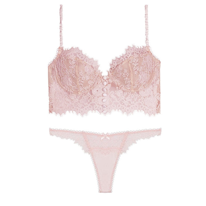 Lace Corset-Style Bra Lingerie Set Button Detail