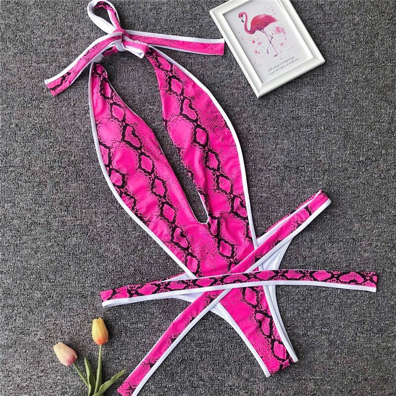 Deep-Neckline Multi-Pattern One-Piece Swimsuit