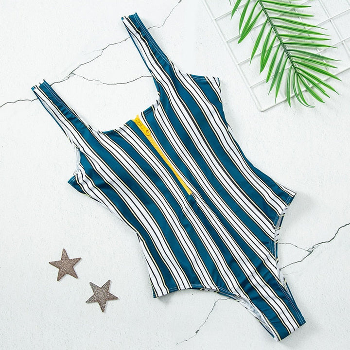 Zip-Neckline Multi-Pattern One-Piece Swimsuit