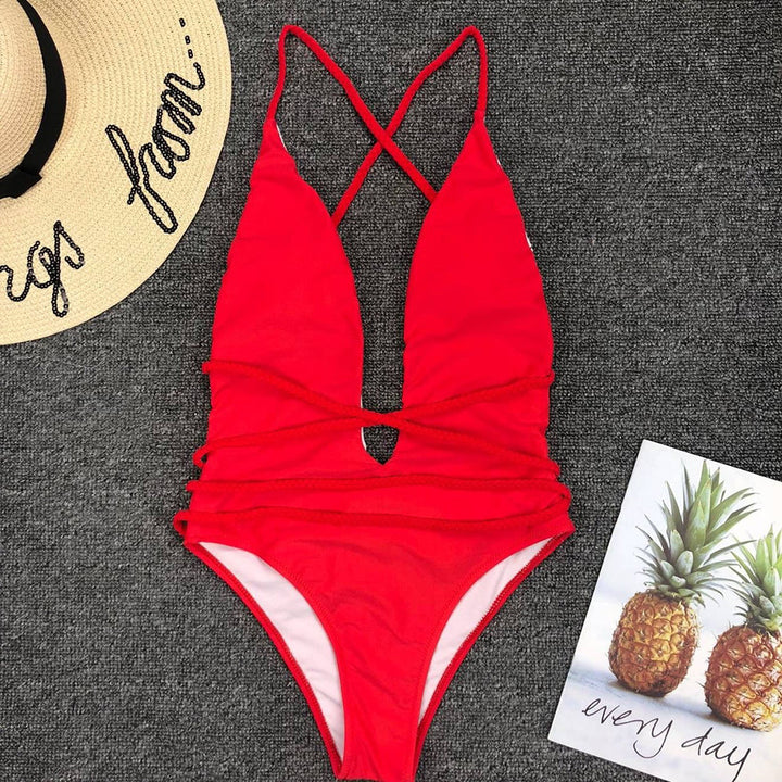 Plunge-Neck One-Piece Swimsuit Decorative Cord Detail