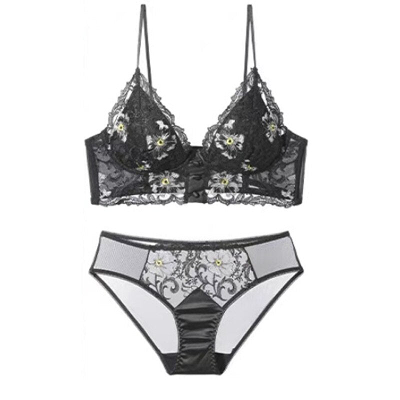 Embroidered Button-Detail Lingerie Set