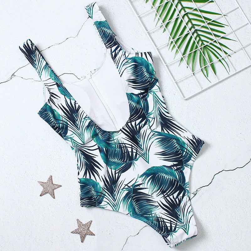 Zip-Neckline Multi-Pattern One-Piece Swimsuit