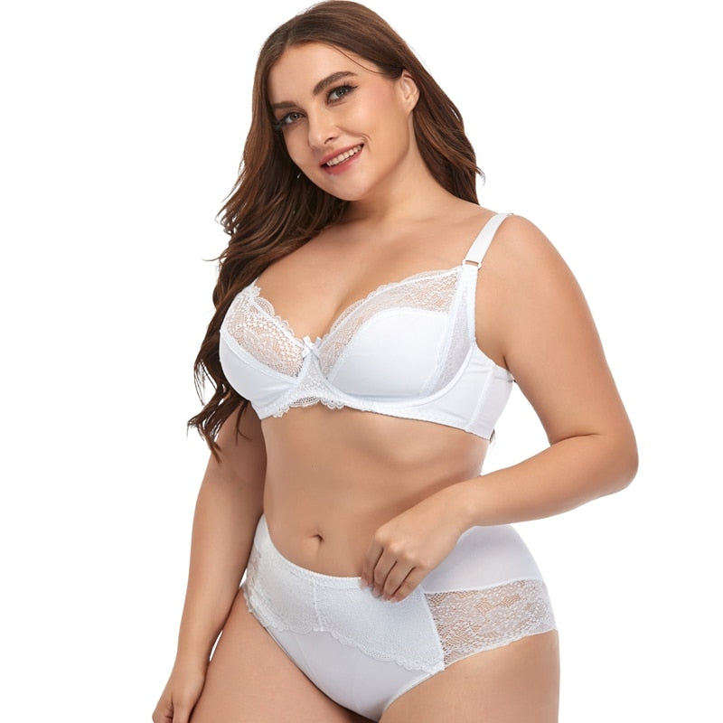 Plus Size Moulded-Cup Lace-Trim Lingerie Set