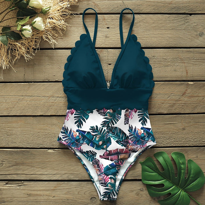 Deep-Neckline Figure-Enhancing One-Piece Swimsuit