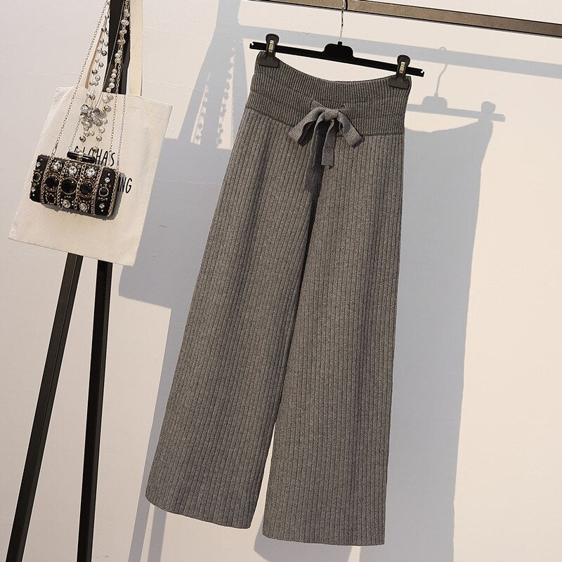 Ribbed Knit Straight-Leg Tie-Waist Soft Pants