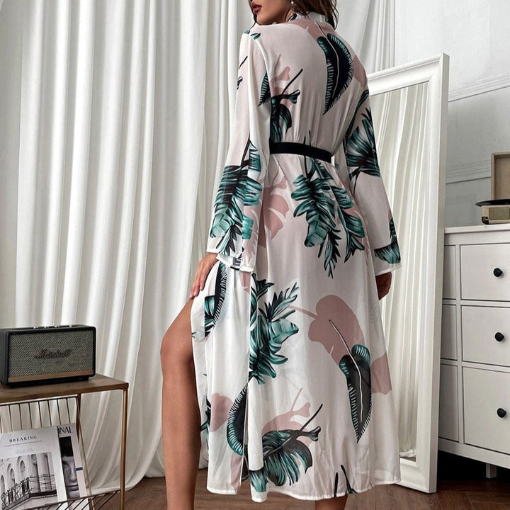 Long Patterned Tie-Front Loose-Sleeve Flattering Robe