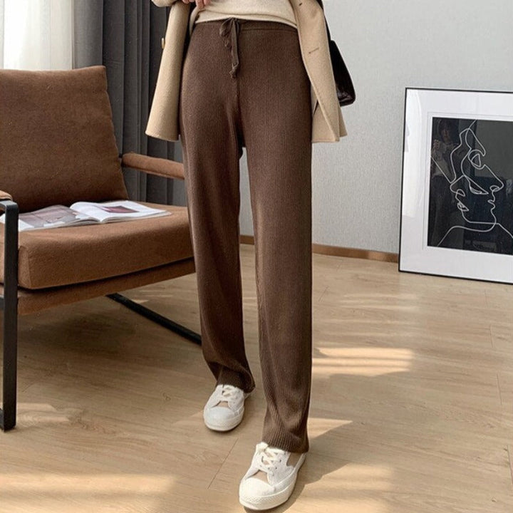 Ribbed Knit Straight-Leg Tie-Waist Relaxed Pants