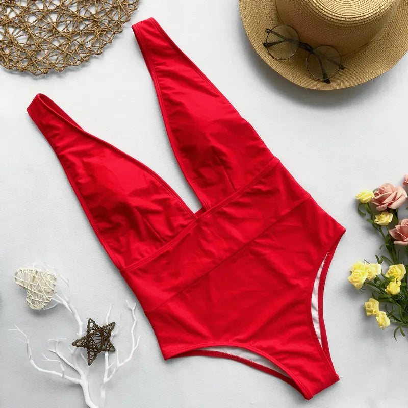 Deep-Neckline Plunging One-Piece Swimsuit