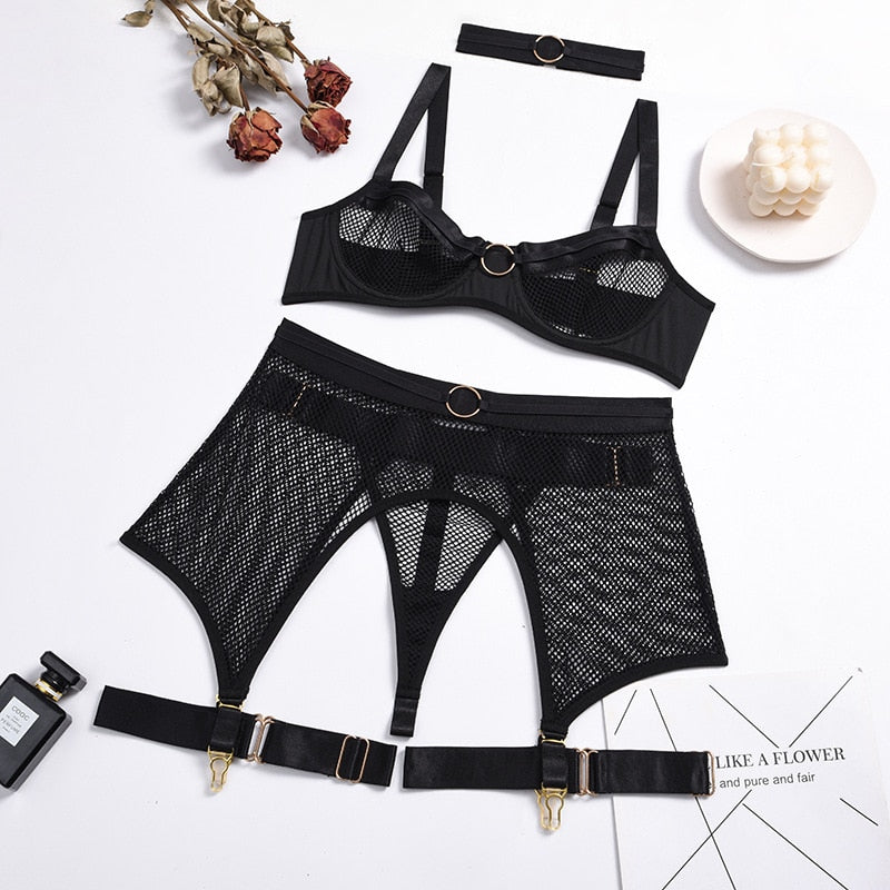 Bra Panties Garter Belt and Choker Evening Set