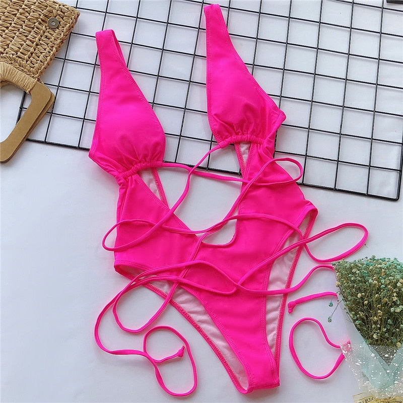 Deep-Neckline Multi-Pattern One-Piece Swimsuit