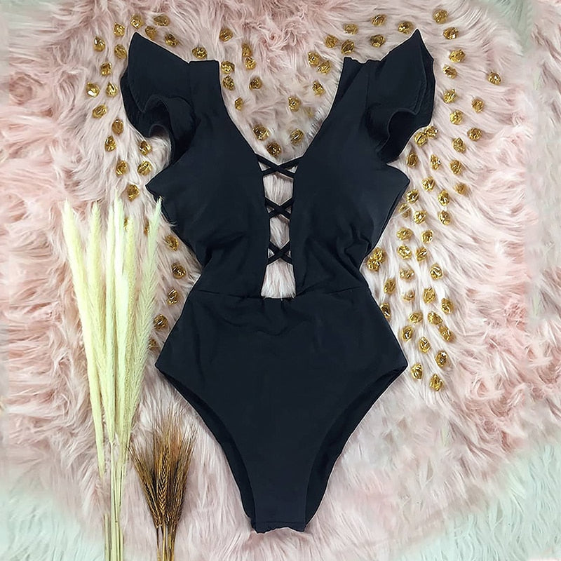 One-Piece Swimsuit Ruffle Straps Defined Waist