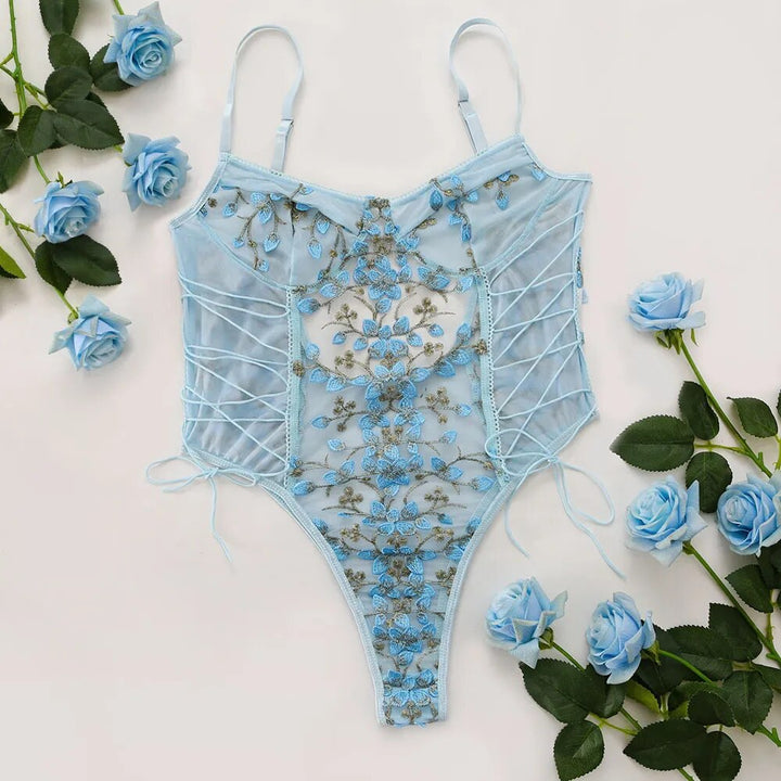 Mesh Floral Tie-Side Adjustable Bodysuit