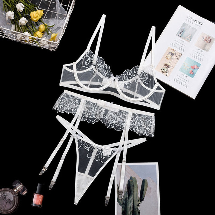 3-Piece Rose Print Lace Bow Lingerie Set Garter