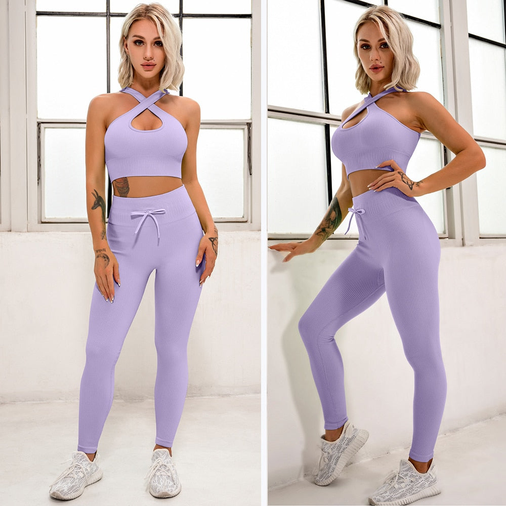 Ribbed Sports Set Polyester Quick-Dry Breathable