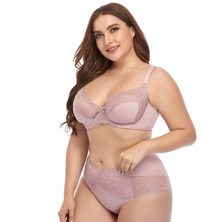 Plus Size Moulded-Cup Lace-Trim Lingerie Set