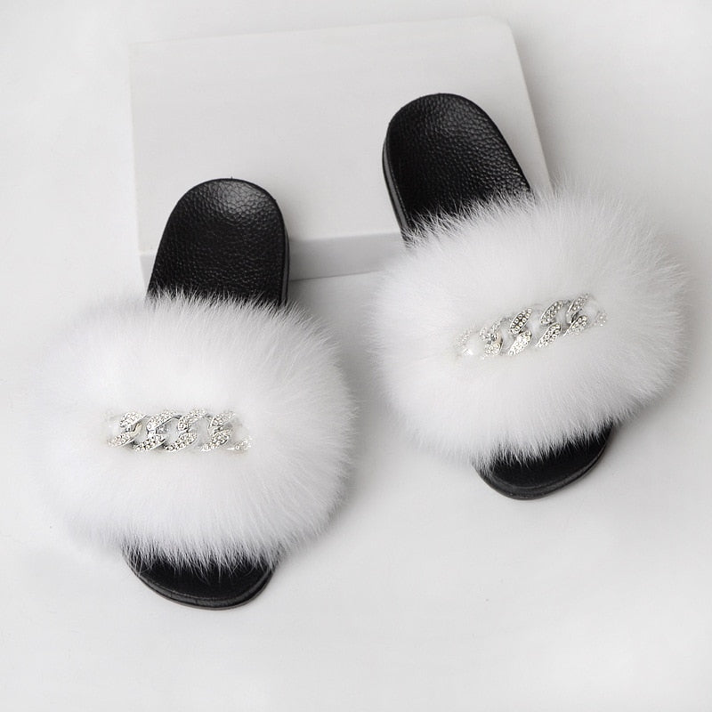 Faux Fur Slippers with Decorative Chain