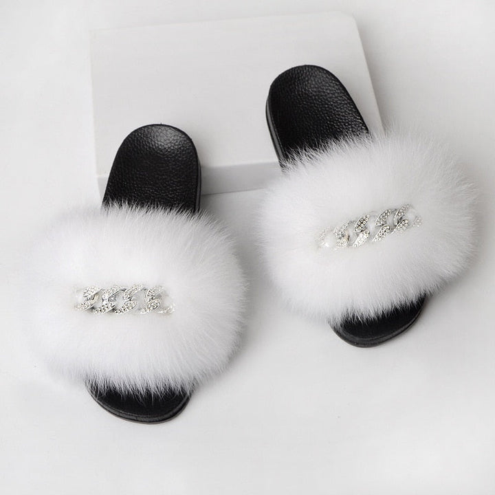 Faux Fur Slippers with Decorative Chain