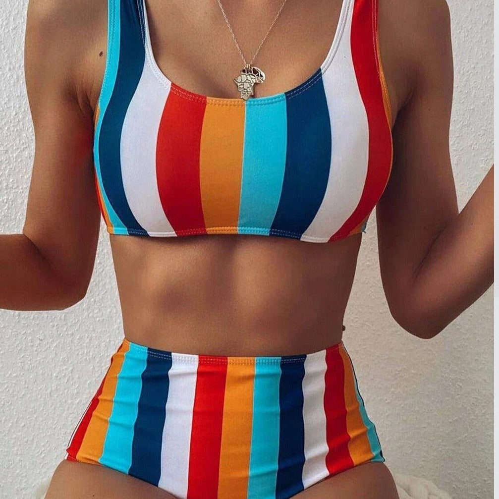 High-Waist Two-Piece Swimsuit Vertical Straps