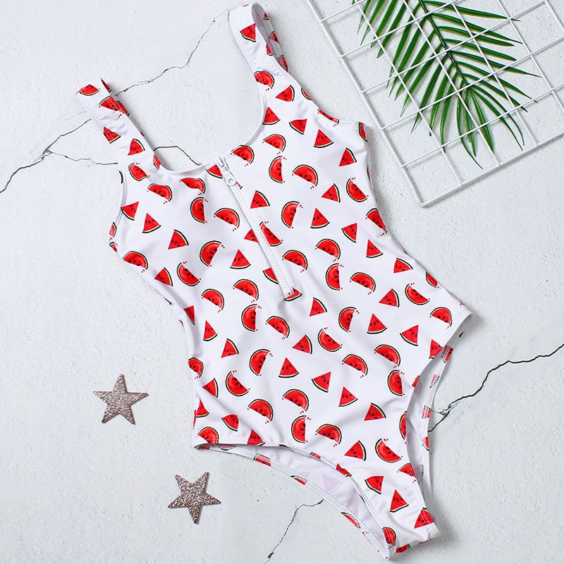Zip-Neckline Multi-Pattern One-Piece Swimsuit