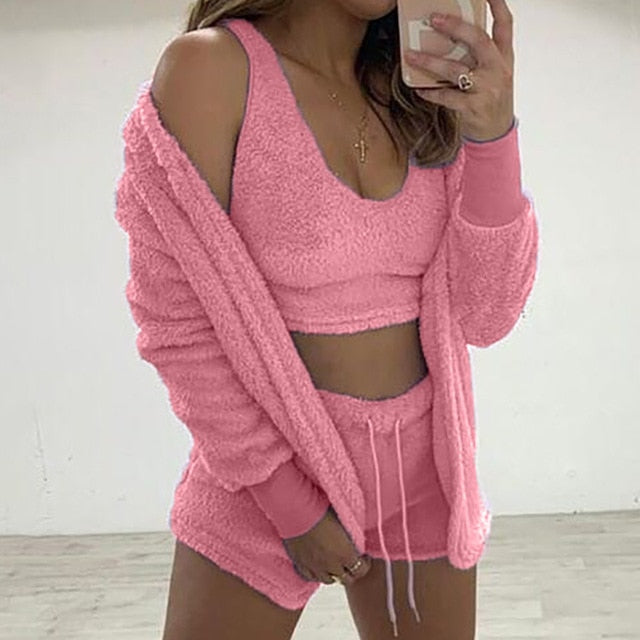 3-Piece Sweatshirt Top and Shorts Knit Set