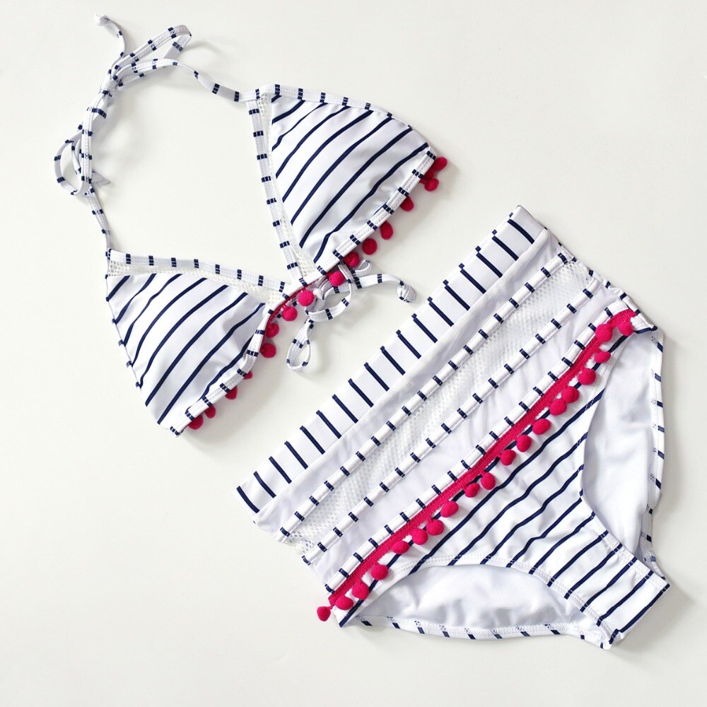 Pom-Pom Trim Figure-Enhancing Two-Piece Swimsuit