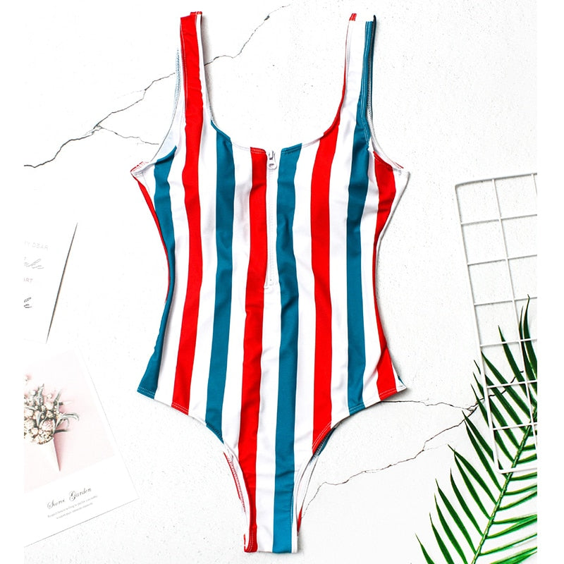 Zip-Neckline Multi-Pattern One-Piece Swimsuit