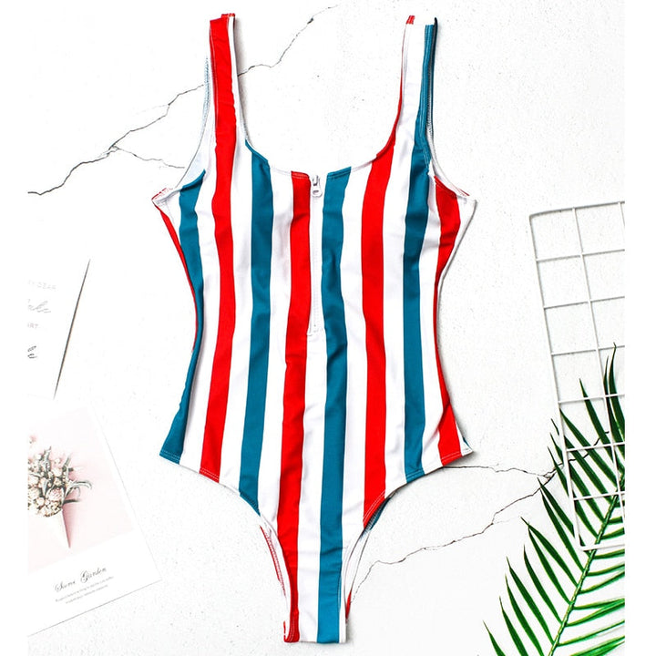 Zip-Neckline Multi-Pattern One-Piece Swimsuit