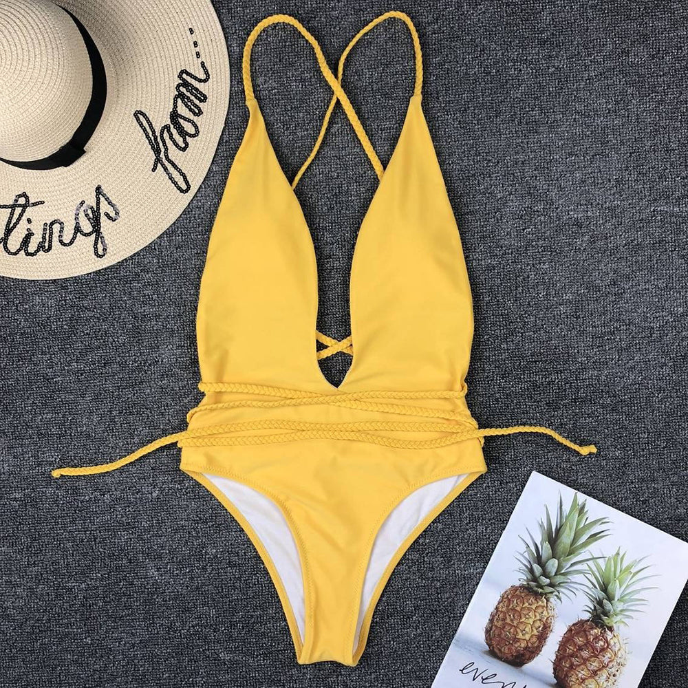 Plunge-Neck One-Piece Swimsuit Decorative Cord Detail